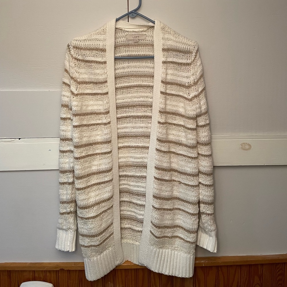 The Loft, White, Cream, Gold Sparkly Striped Cardigan Sweater, Size XS